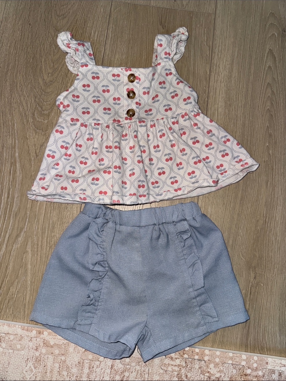 Nicole Miller Pink Cherry Print Top with Blue Knit Shorts